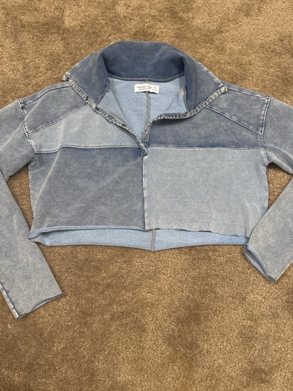 Vanilla Star Patchwork Cropped Jean Jacket - Light & Medium Blue